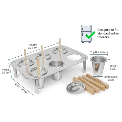 Image of IMN Aluminum Kulfi Moulds with Stand Set of 6 - Reusable Popsicle Maker, Traditional Cone Shape Kulfi Sancha, Metal Ice Cream Moulds for Home, 6cm Height, 330g Heavy Duty Ideal Summer Gift (Silver)