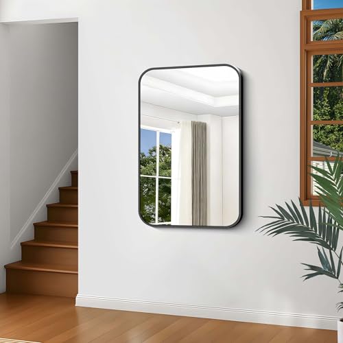 Image of Black Bathroom Mirror, 28x42 inch Aluminum Metal Frame Rectangular Vanity Mirror, Wall Mounted Rectangle Mirrors with Rounded Corner for Bedroom Living Room Hangs Horizontal Or Vertical