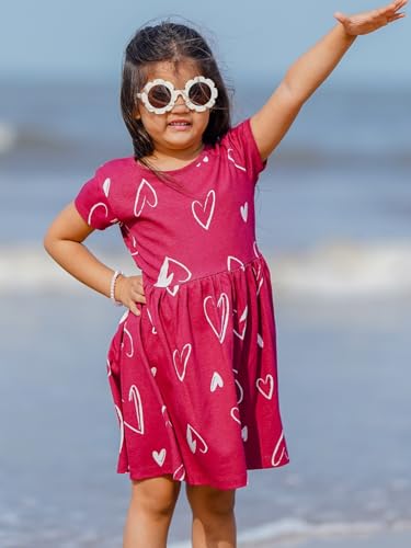Image of Nap Chief Girls Printed Round Neck Fit & Flare Dress | Cotton Knee Length Half Sleeve Girls Summer Dress for Casual Wear