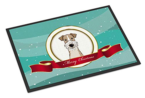 Caroline's Treasures BB1557MAT Wire Haired Fox Terrier Merry Christmas Doormat 18x27 Front Door Mat Indoor Outdoor Rugs for Entryway, Non Slip Washable Low Pile, 18H X 27W