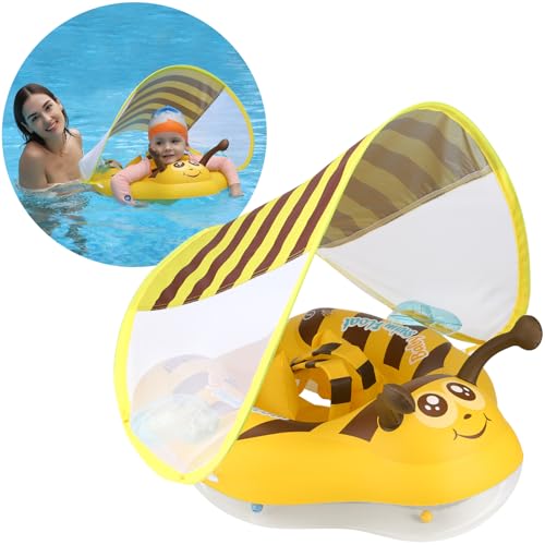 Image of Swimbobo Infant Pool Float with Sun Canopy Inflatable Baby Swimming Floatie with Sponge Safety Bottom Support Water Toys Swimming Trainer (Yellow,Large)