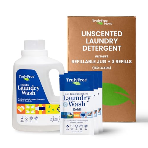 Truly Free Detergente de lavado de ropa para pieles sensibles, suave y seguro para ropa de bebé, a base de plantas, ingredientes naturales, sin perfume, incluye 1 botella recargable (150 cargas)