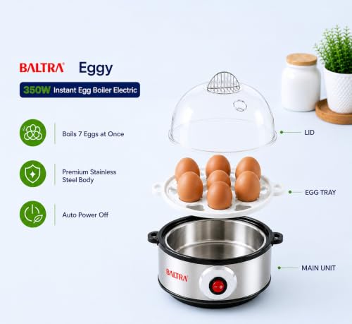 Image of BALTRA Egg Boiler Electric 350 Watt with Automatic Shut Down & Boil Dry Protection | 7 Egg Capacity, Removable Egg Tray, Stainless Steel Body & Heating Plate, Easy to Use