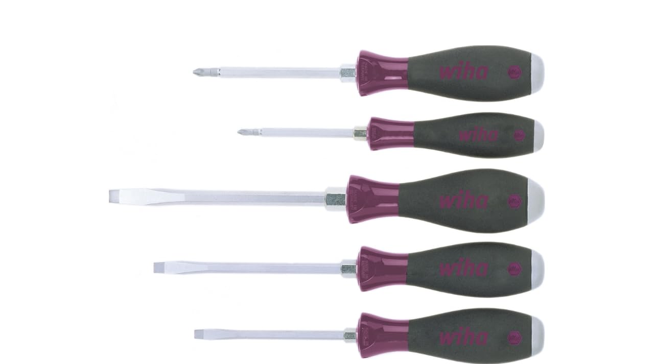 Wiha Juego de destornilladores MicroFinish ranurado, Phillips, con varilla hexagonal continua y plancha de acero maciza, de 5 unid. (29138)
