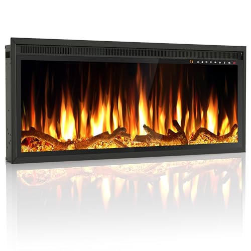 Riseon 42 Inch Electric Fireplace Heater, Recessed in-Wall and Wall-Mounted Linear Heater Fireplace,13 Adjustable Flame Color and 5 Brightness,Touch Screen & Remote Control,1500/750W, Black