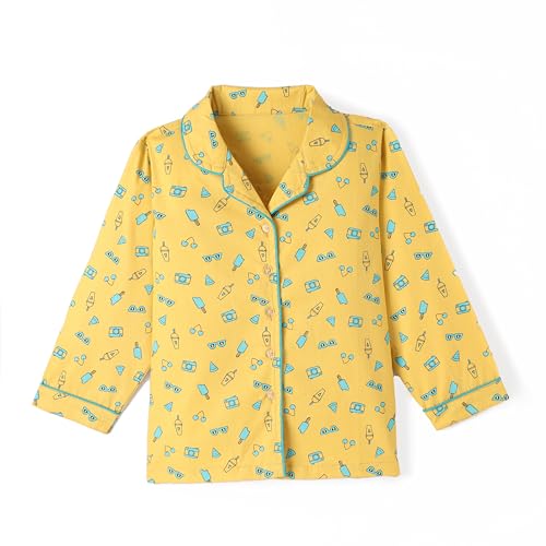 Image of Girls Premium Cotton Full Sleeves Printed Nightsuit Set | Collar Style Night Dress for Girls | Soft & Breathable Pajama Set | Trendy Kids Sleepwear & Nightwear