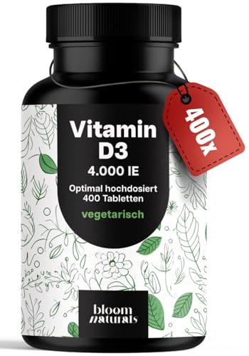 Vitamin D3 4000 IE hochdosiert - 400 Tabletten - Vitamin D Unterstützung für Immunsystem & Knochen, vegetarisch & produziert in Deutschland Vitamin D3 4000 IE hochdosiert - 400 Tabletten - Vitamin D Unterstützung für Immunsystem & Knochen, vegetarisch & produziert in Deutschland