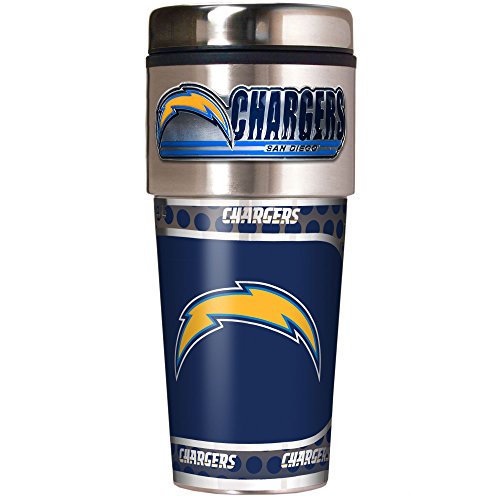 NFL Los Angeles Chargers Metallic Travel Tumbler, Stainless Steel and Black Vinyl, 16-Ounce