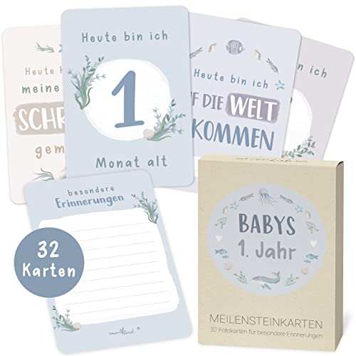 Mintkind ® Meilensteinkarten Baby | Wundervolles Geschenk zur Geburt | Baby Meilensteinkarten für Mädchen und Junge | 32 Baby Monatskarten im Set für zauberhafte Baby Fotos (Wal)