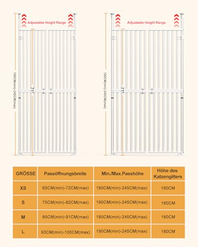 Extra hohes Katzengitter 180 cm, Katzengitter für Türen ohne Überklettern, doppeltwirkende Tür für 75–82 cm breite Öffnung, kein Bohren, 3,17 cm Gitterabstand, Haustiergitter, Türgitter für Flur/Trepp