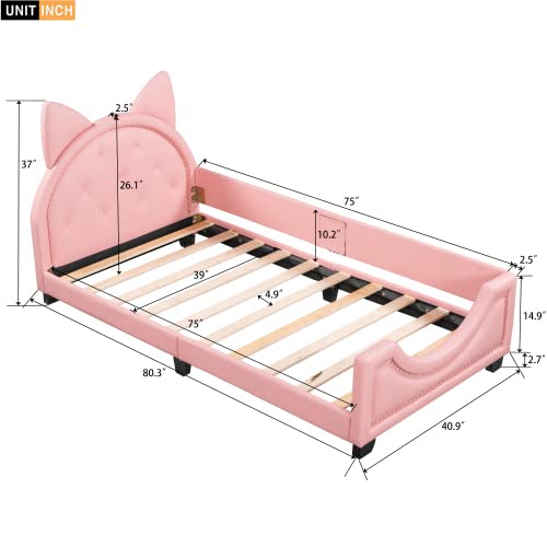 Twin Size Modern Upholstered Daybed With Bunny Ears Headboard, Twin Platform Bed Frame For Kids, Pu Leather Floor Bed Twin Bed Frame, Single Bed, Child's Bedroom, No Box Spring Needed (Pink) #TOP2