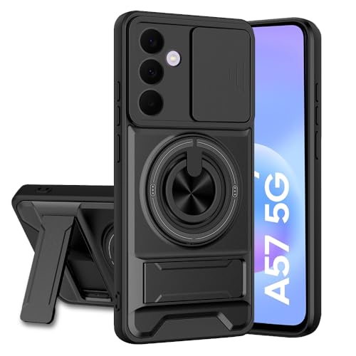 Image of Samsung Galaxy A57 5G Back Cover | Armor Camera Slider 360 Degree Rotating Finger Ring Holder Case with Bracket Stand Back Case Cover (Compatible with MagSafe Accessories) (Black)
