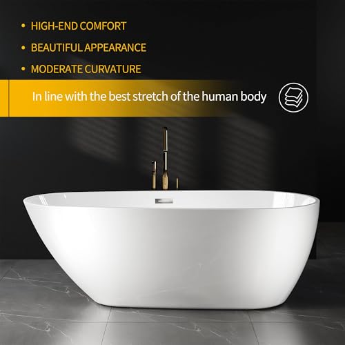 Image of 67 Inch Acrylic Freestanding Bathtub, Deep White Oval Pearl-Shape Soaking Tub, Modern Stand Alone Bathtub with Non-Slip Base, Chrome Overflow & Pop-Up Drain, Easy Assembly for Bathroom, Home, Spa