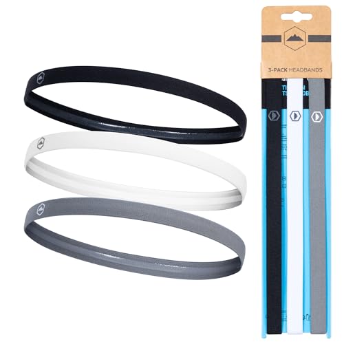 Tough Headwear Thin Elastic Sports for Women & Men Workout Running Soccer and Mens Headband - 3-Pack | Black Gray and White