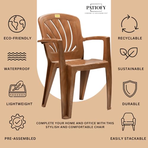 Image of Patiofy Plastic Chair for Home & Outdoor Use | Heavy Duty Comfortable Chair with Strong Legs | Stackable, Easy to Clean | Suitable for Living Room, Balcony, Patio Pack of 4 (Elba Sandalwood)