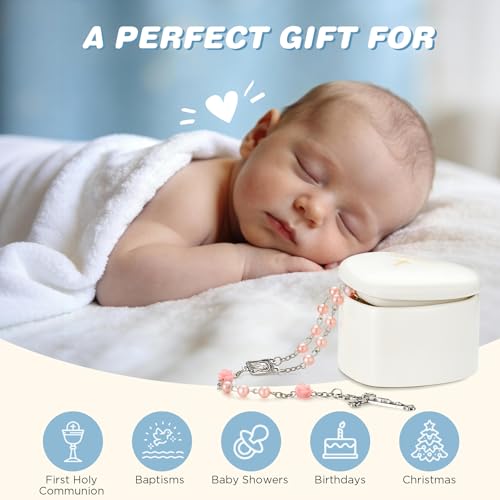 Image of NORBU Baptism Gifts for Girl, My First Rosary with Ceramic Keepsake Box, Rosary for Kids, First Communion & Baby Dedication Gifts for Newborn Baby Boys Catholic Christening Gift