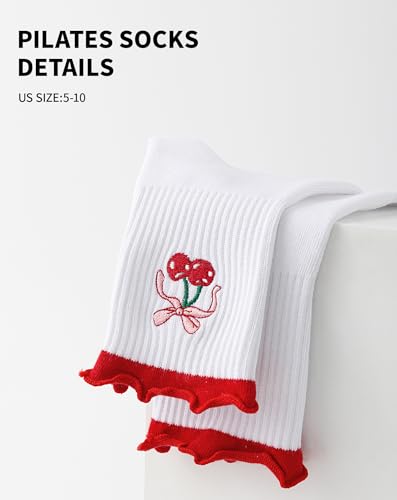 Image of Yawlsow Cute Pilates Grip Socks for Women Ruffle Frilly Yoga Socks Non Slip Cotton Crew Grippy Sock for Barre Workout
