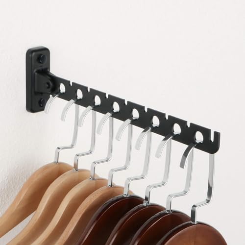 Mooche 31cm Kleiderhaken Klappbar mit Geboht, Edelstahl Garderobe Kleiderlüfter mit 8 Löchern für Kleiderstange, Platzsparender Garderobenhaken Garderobenleiste, Schwarz