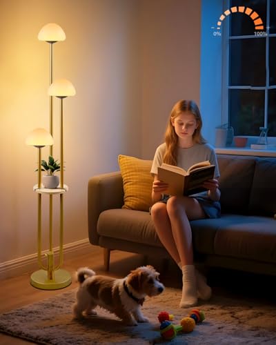 Image of Gold Dimmable Floor Lamp with Table, Modern Floor Lamps with Mushroom Shades for Living Room, 3000K Warm White Tall Standing Lamp with Bulbs& 5Lbs Heavy Base for Bedroom /Office