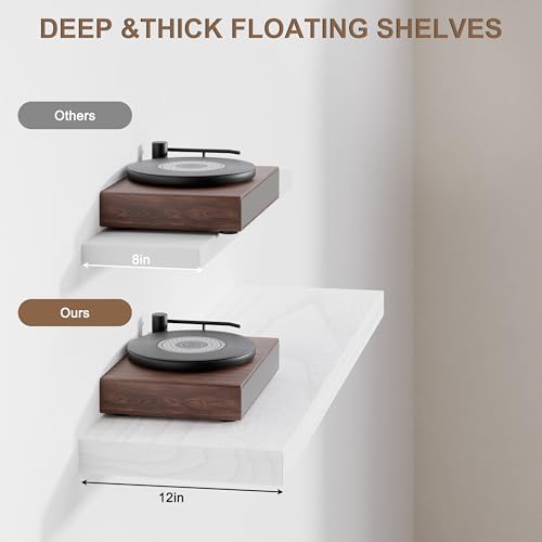 Image of 36 Inch Floating Shelves, Set of 2 Deep Floating Shelves 12in Depth, Floating Shelves Long Heavy Duty Wood Shelves for Wall, Solid Wood White Finish