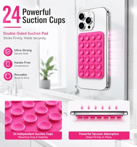 Image of GooseBox Suction Cup Phone Case Mount, Double-Sided Suction Phone Case Anti-Slip Silicon Sticky Stand Hands-Free Strong Grip Holder for Selfies and Videos (Dark Pink, Pack of 1)