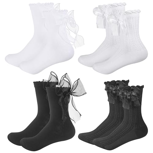 Huiguli 4 Paia Calzini alla Caviglia con Fiocco, Calzini con Volant alla Caviglia per Ragazze e Donne, Calzini da Balletto Lolita Princess(Bianco e Nero)