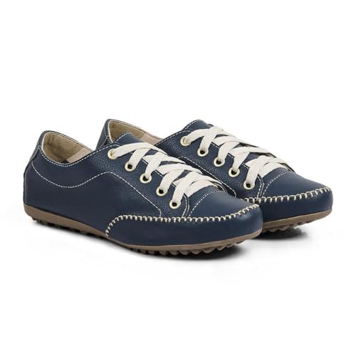 Sapatênis Tênis Feminino Casual Couro Flay Izabela Araújo - 100 - Marinho/Bege Cor:Azul;Tamanho:35