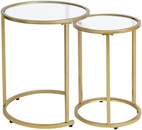 RiteSune Gold Glass Nesting Side End Tables Set of 2, Round Small Stacking Drink Coffee Table for Small Space, Living Room, Bedroom, Christmas, New Year