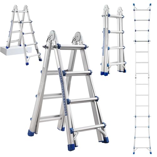 STANEW Aluminium Echelle télescopique 4 M, 3 en 1 Aluminium Telescopique A Forme Pliable Polyvalente Escabeau Robuste, Escalier articulé Pliable Télescopique Multifonction 4 x 4 marches