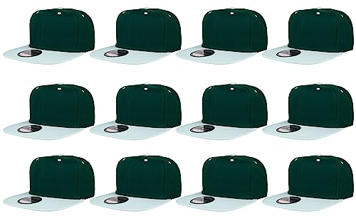 Image of Gelante Plain Blank Flat Brim Adjustable Snapback Baseball Caps Wholesale LOT 1500-12 Pack (DarkGreen /White)