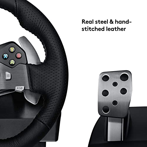Logitech G 920 Driving Force oyun yarış direksiyonu, iki motorlu kuvvet geri bildirimi, 900° direksiyon aralığı, deri direksiyon, ayarlanabilir paslanmaz çelik zemin pedalları, Xbox One/PC/Mac - UK fişi, siyah