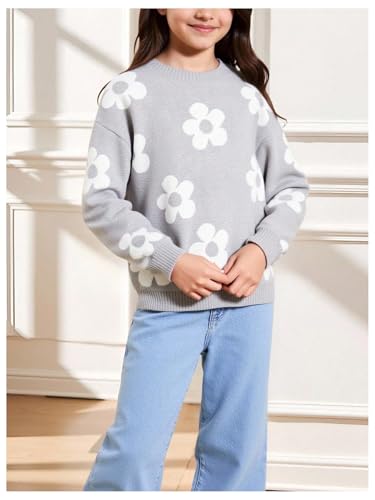 Image of BEAUDRM Girl's Cute Bow Sweater Crew Neck Long Sleeve Drop Shoulder Loose Pullover Tops