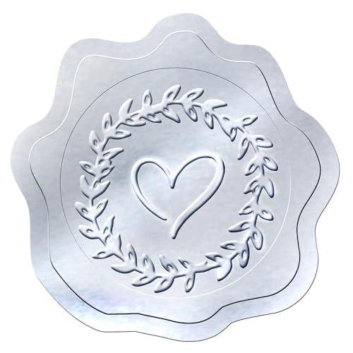 PigPotParty 500 PCS Silver Embossed Envelope Stickes - Heart Stickes Foil Envelope Seal for Valentine' Day, Wedding Invitations, Greeting Cards, Party Favors, Self-Adhesive
