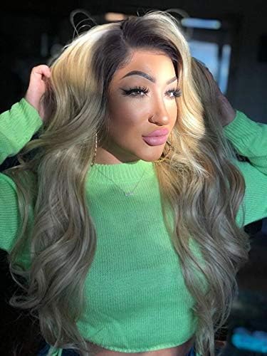 SwetcurlyLong Wavy Dark Roots Middle Part Synthetic Full Wig Black to Bloned Kanekalon Fiber Natural Wave Hair Ombre Lace Front Wigs Pre Plucked With Baby Hair