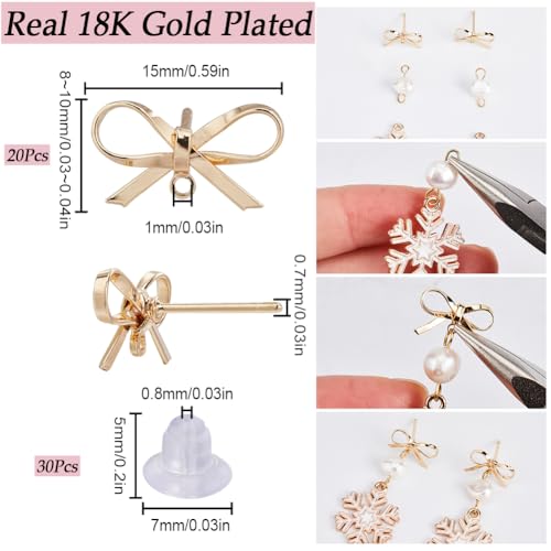 SUNNYCLUE 1 Box 20 Sets Real 18K Gold Plated Earring Posts Stud Earring Findings Earring Studs Earring Stud with Hole Bowknot Post Earrings for Jewelry Making Accessories DIY Dangle Earrings Supplies