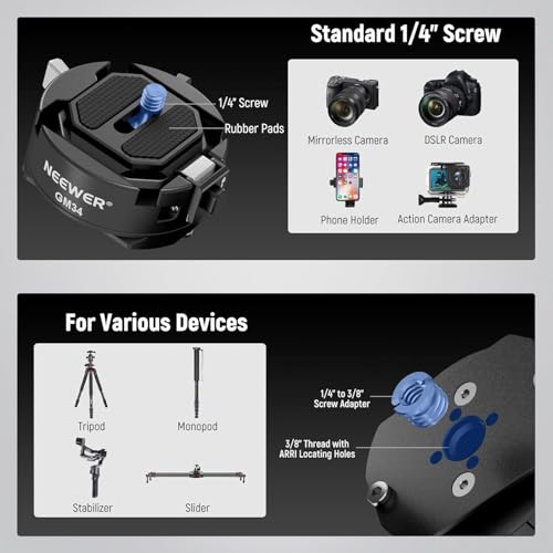 NEEWER GM34 Camera Quick Release Plate Kit, Quick Switch Auto Lock Square QR Mount Plate with Arca Type Clamp Base, Compatible with Arca Swiss, Camera Clip, Max Load 11lb/5kg by NEEWER - Image 6