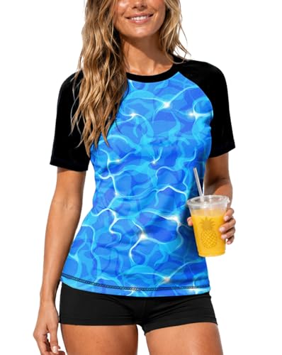 Image of AOBUTE Women Short Sleeve Rash Guard UPF 50+ Tropical Sun Protection Floral Swim Shirts