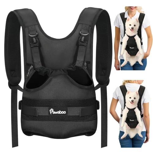 Pawaboo Zaino Frontale per Cani, Trasportino per Cani con Zampe Fuori, Pettorina Regolabile Facile da Indossare per Canis di Taglia Piccola e Media, Mani Libere per Viaggi, Escursioni, L, Nero