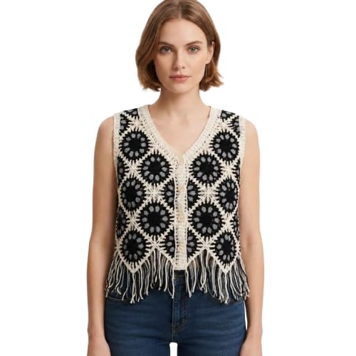 Women's Crochet Vest Top, Navy Blue and Cream, Floral Granny Square Pattern, Button-Down with Fringe Hem-image-11