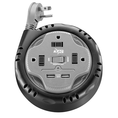 KMC Protector eléctrico retráctil con 3 tomas, 2 puertos USB, 735J de protección contra sobretensiones, cable retráctil de 1.52 m, enchufe tipo B, color gris
