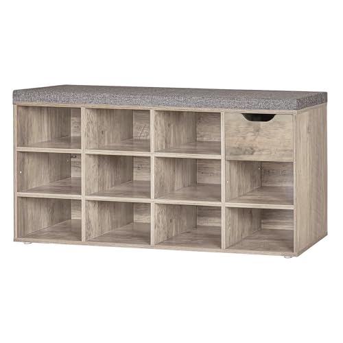 DINZI LVJ Shoe Bench, Entryway Storage Bench with Drawer and 11 Cubbies, Cubby Shoe Rack with Adjustable Shelves, Organizer Cabinet for Living Room, Bedroom, Mudroom, Closet and Garage, Greige