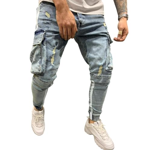 Jeans Pants Trouser Denim Stretch Street Trendy Ripped Hole Washed Zipper with Multiple Pockets Leg Binding for Men