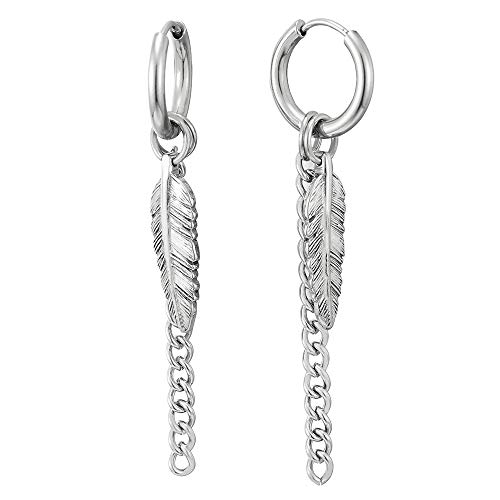 Círculo Pendientes del Aro con Colgantes Largo Cadena Barbada y Pluma, Pendientes Colgantes para Hombres Mujer, Acero