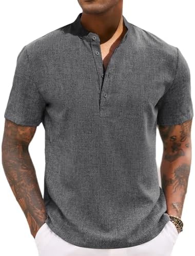 COOFANDY Men’s Casual Henley Linen Shirt Summer Lightweight Beach Tee Shirts