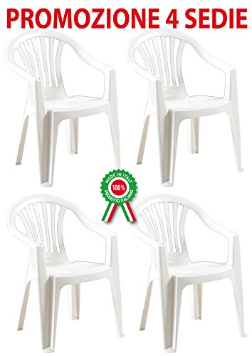 4 Pz Poltrona sedia Monoblocco Maui in dura resina di plastica bianca impilabile con braccioli