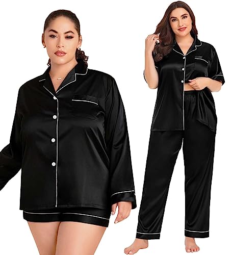 Image of SWOMOG Women Plus Size Pajama Set 4pcs Silk Satin Sleepwear Button Down Pjs Cami Shorts Set Loose Loungewear 16W-26W