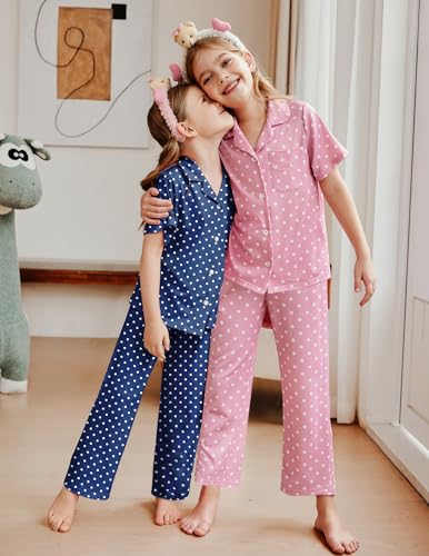 Arshiner Pajamas for Girls Short Sleeve Long Pants Outfit 2 Piece Sleepwear Button Pjs Sets4