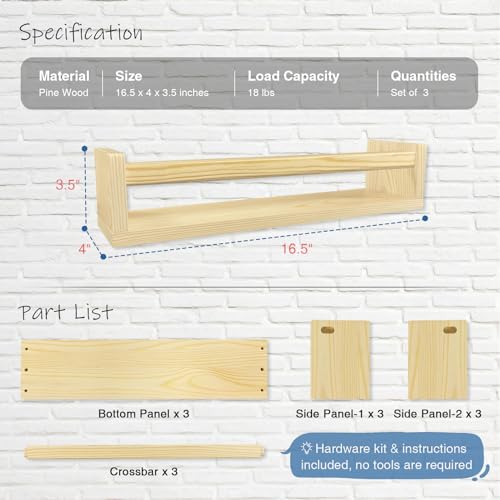 Floating Nursery Book Shelves for Wall, Natural Wood Wall Bookshelf for Kids Room Bedroom, Small Wooden Hanging Baby Book Shelf and Toy Organizer for Nursery Girl Boy Toddler Child - Set of 3 - Image 3