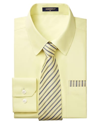 HISDERN Mens Dress Shirt Yellow Long Sleeve Shirts and Tie