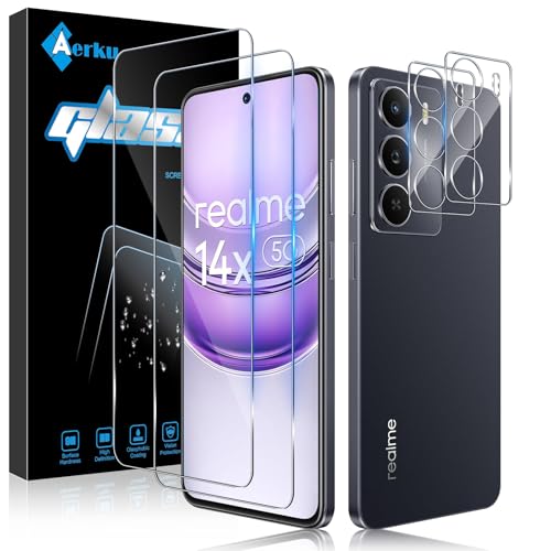 Aerku 2 Piezas Protector de Pantalla para Realme 14X 5G con 2 Piezas Protector de Lente de Cámara, 0.33MM 9H HD Ultra Resistente Cristal Templado
